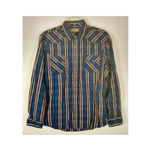 R Sole Blue & Brown Western Plaid Pearl Snap Shirt